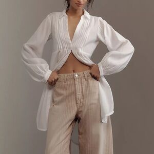 Anthropologie Elegant Long-Sleeve Airy White Pleated Blouse - Small